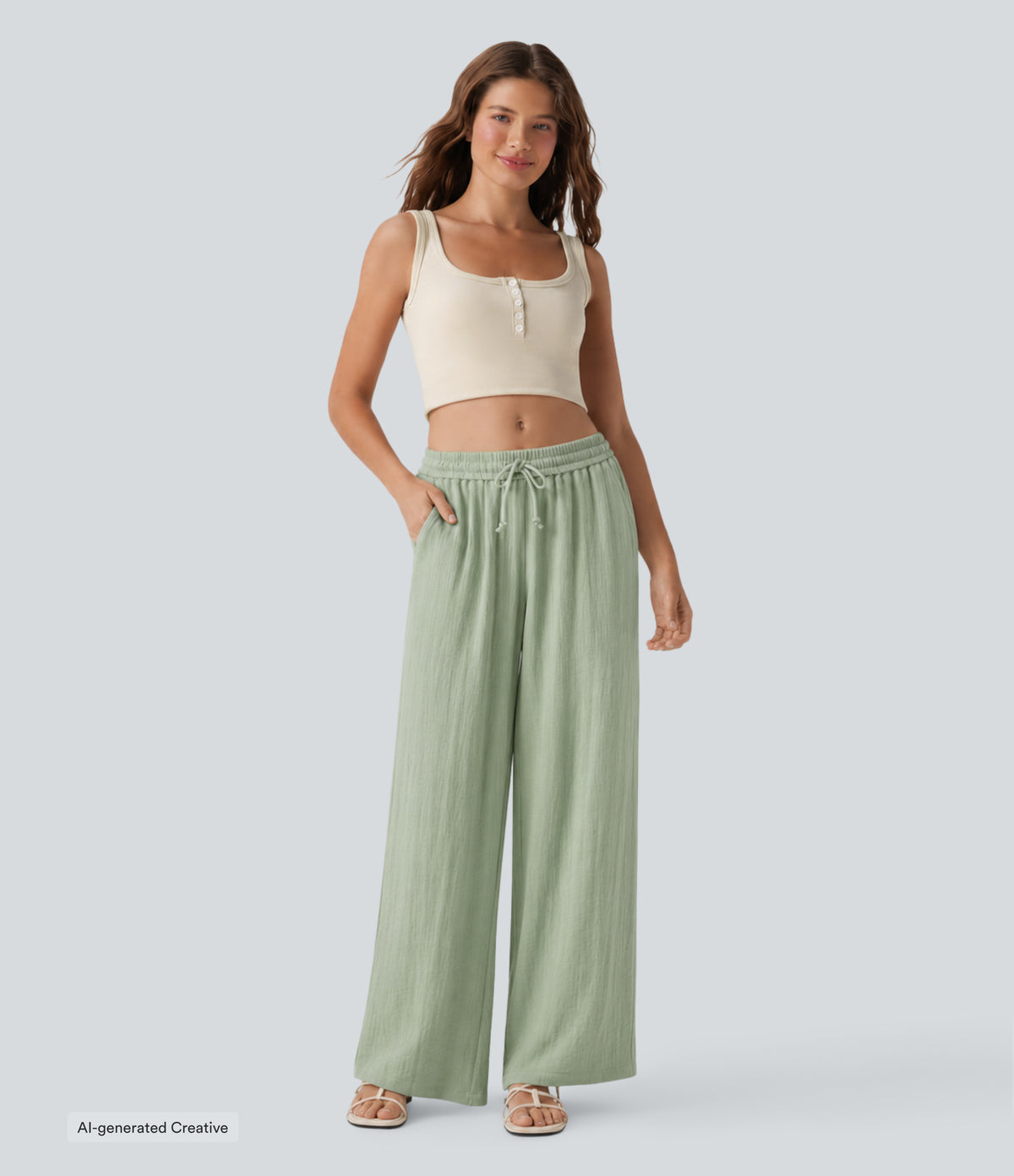 Low Rise Drawstring Wide Leg Baggy Casual Linen-Feel Trousers with Pockets — Thin Mint - Seafoam — view 7