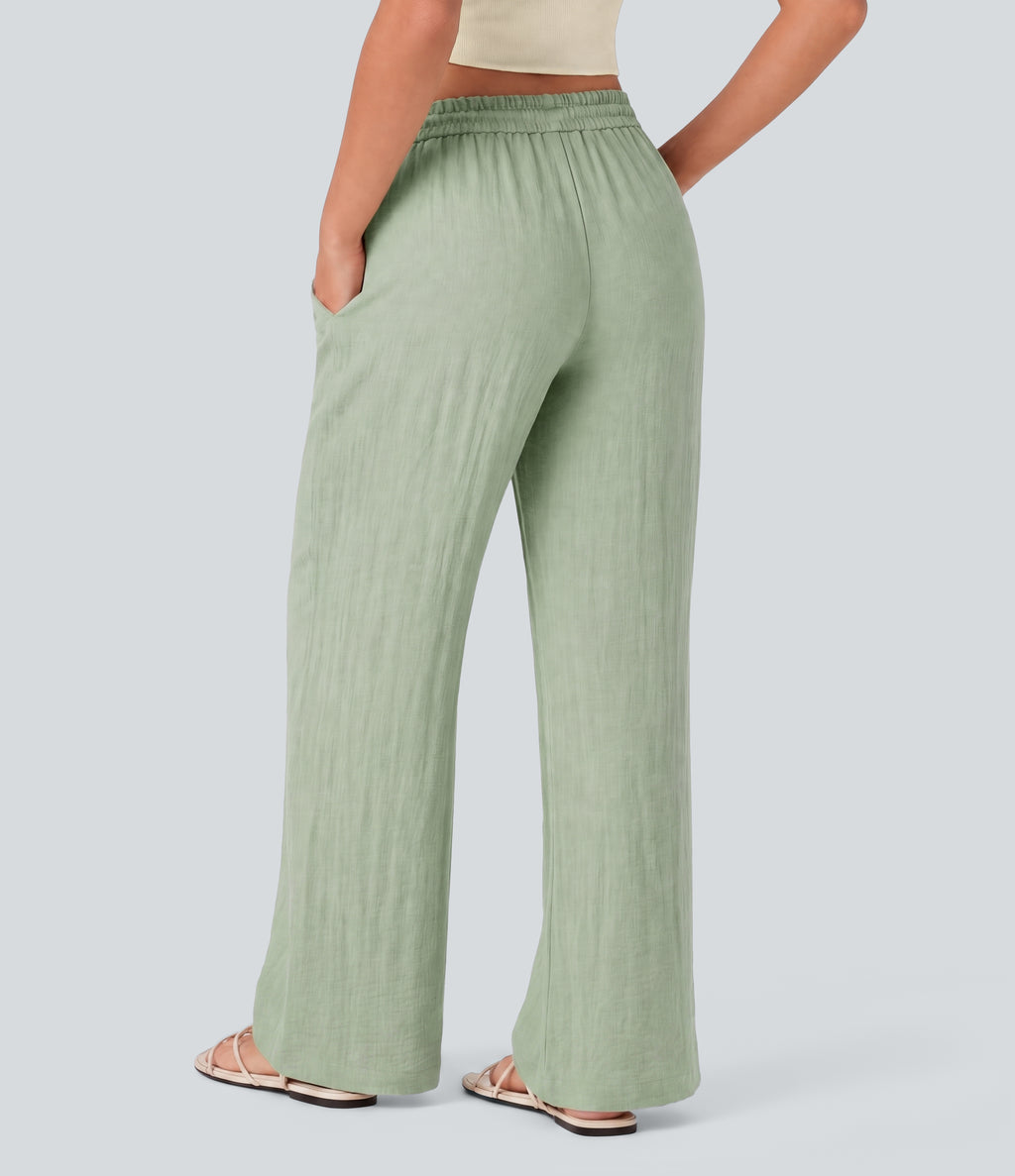 Low Rise Drawstring Wide Leg Baggy Casual Linen-Feel Trousers with Pockets — Thin Mint - Seafoam — view 2
