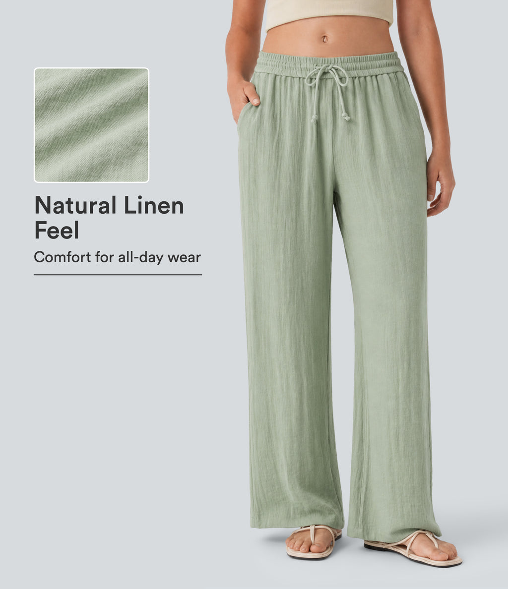Low Rise Drawstring Wide Leg Baggy Casual Linen-Feel Trousers with Pockets — Thin Mint - Seafoam — view 1