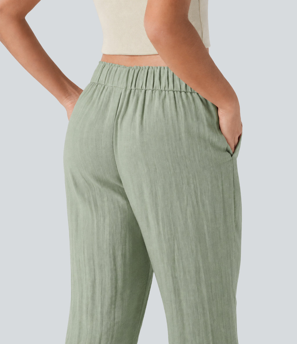 Low Rise Drawstring Wide Leg Baggy Casual Linen-Feel Trousers with Pockets — Thin Mint - Seafoam — view 5