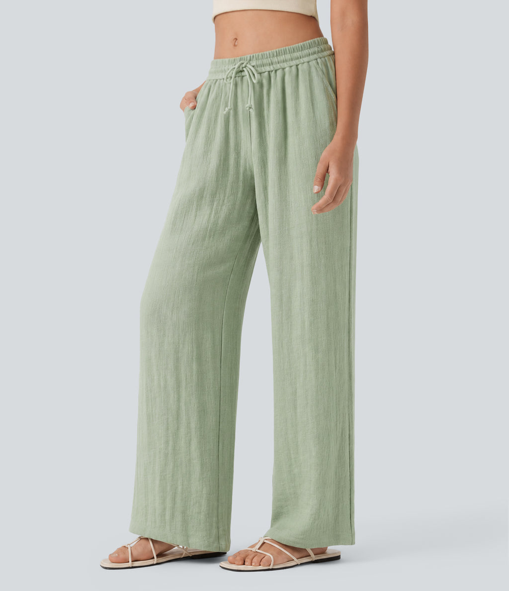 Low Rise Drawstring Wide Leg Baggy Casual Linen-Feel Trousers with Pockets — Thin Mint - Seafoam — view 3