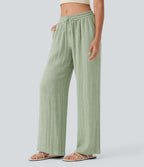 Low Rise Drawstring Wide Leg Baggy Casual Linen-Feel Trousers with Pockets — Thin Mint - Seafoam — view 3