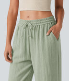 Low Rise Drawstring Wide Leg Baggy Casual Linen-Feel Trousers with Pockets — Thin Mint - Seafoam — view 4