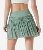 Mid Rise Leopard Mesh Mini 2-in-1 Workout Flowy Skirt with Pocket — Silver Green Leopard Print — view 2