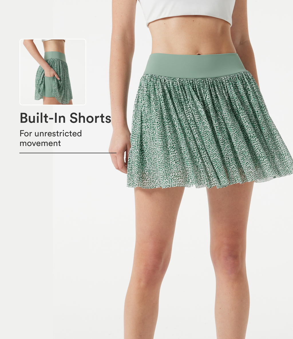 Mid Rise Leopard Mesh Mini 2-in-1 Workout Flowy Skirt with Pocket — Silver Green Leopard Print — view 1