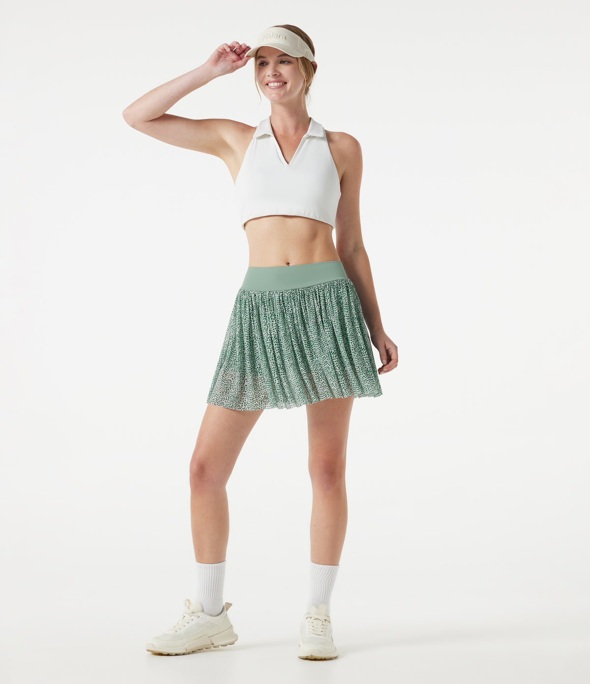 Mid Rise Leopard Mesh Mini 2-in-1 Workout Flowy Skirt with Pocket — Silver Green Leopard Print — view 8