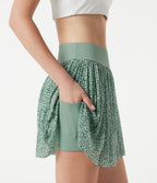 Mid Rise Leopard Mesh Mini 2-in-1 Workout Flowy Skirt with Pocket — Silver Green Leopard Print — view 4
