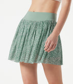 Mid Rise Leopard Mesh Mini 2-in-1 Workout Flowy Skirt with Pocket — Silver Green Leopard Print — view 6