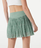 Mid Rise Leopard Mesh Mini 2-in-1 Workout Flowy Skirt with Pocket — Silver Green Leopard Print — view 7
