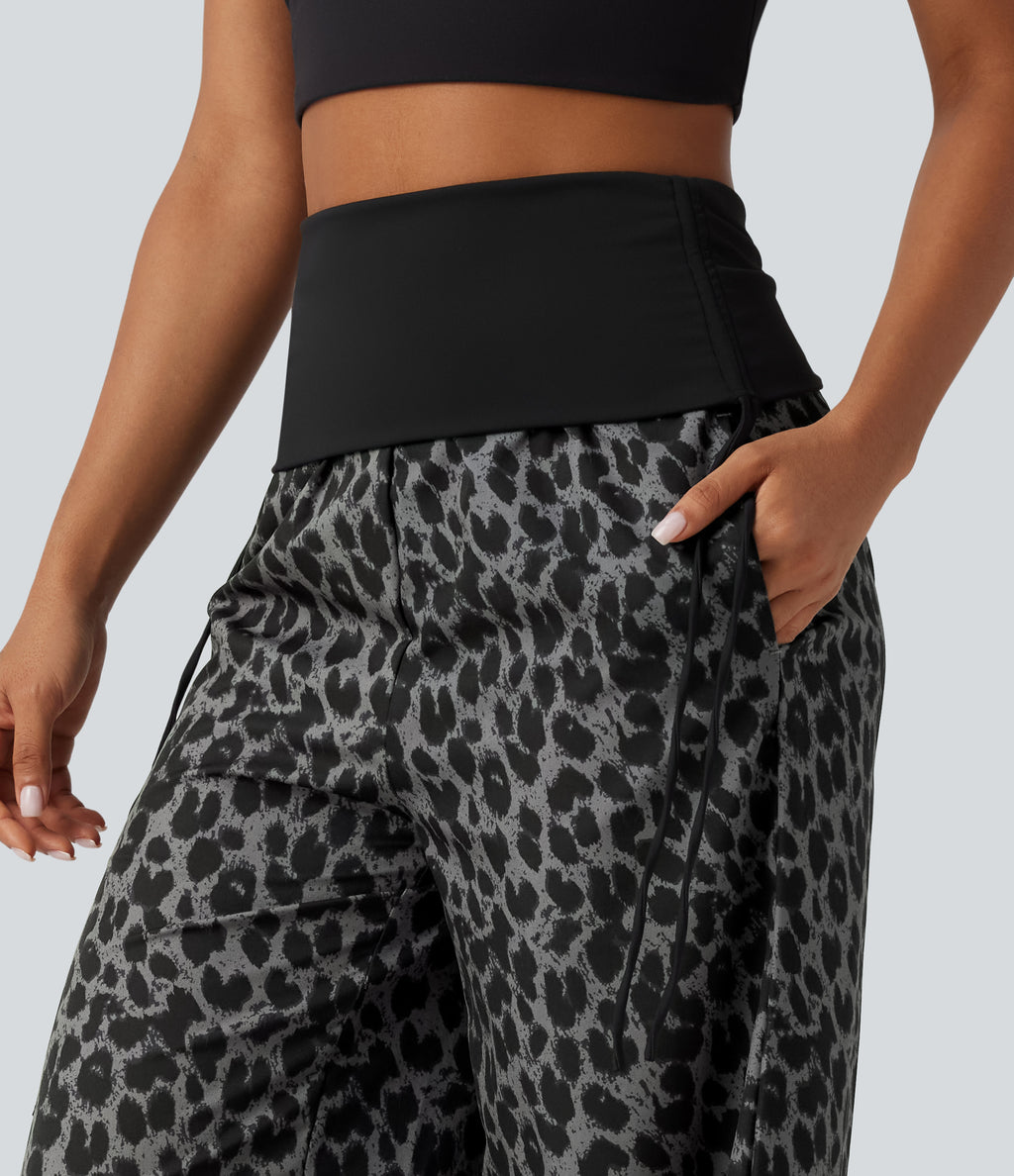 Foldover High Waisted Ruched Drawstring Baggy Leopard Print Casual Trousers with Pockets — Urban Ash Leopard — view 5