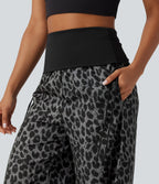 Foldover High Waisted Ruched Drawstring Baggy Leopard Print Casual Trousers with Pockets — Urban Ash Leopard — view 5