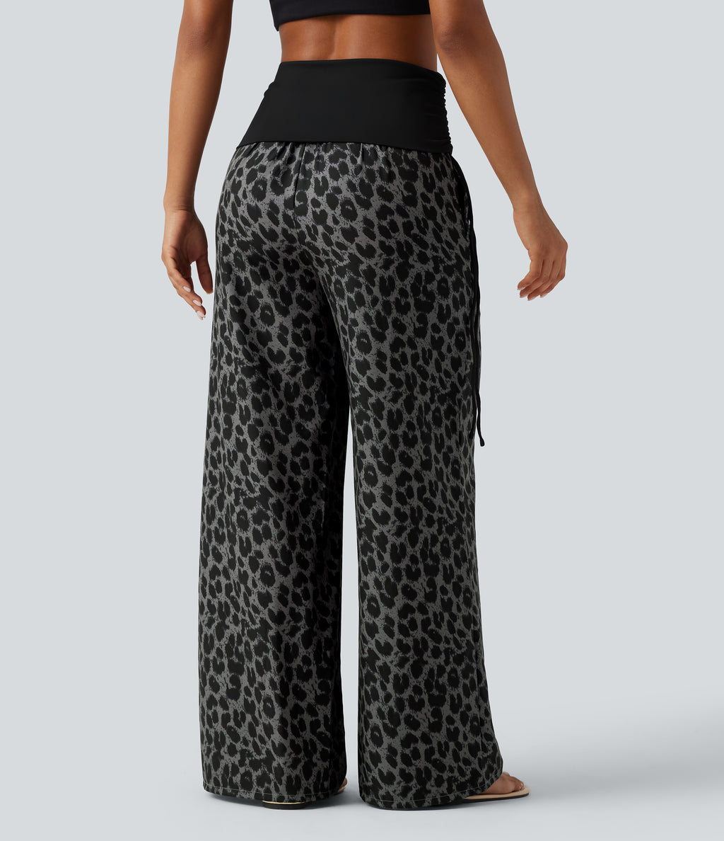 Foldover High Waisted Ruched Drawstring Baggy Leopard Print Casual Trousers with Pockets — Urban Ash Leopard — view 2