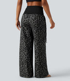 Foldover High Waisted Ruched Drawstring Baggy Leopard Print Casual Trousers with Pockets — Urban Ash Leopard — view 2