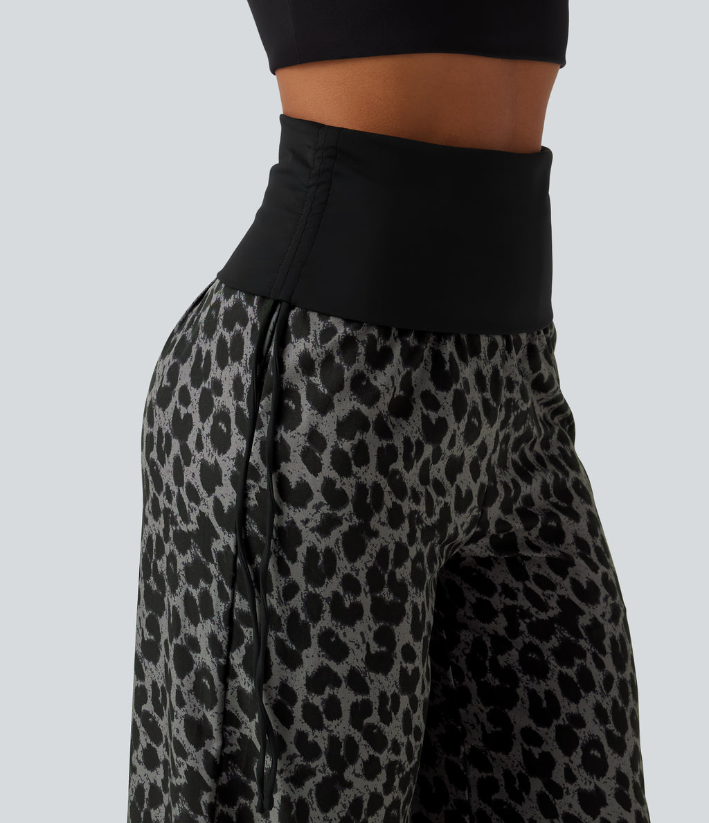 Foldover High Waisted Ruched Drawstring Baggy Leopard Print Casual Trousers with Pockets — Urban Ash Leopard — view 6