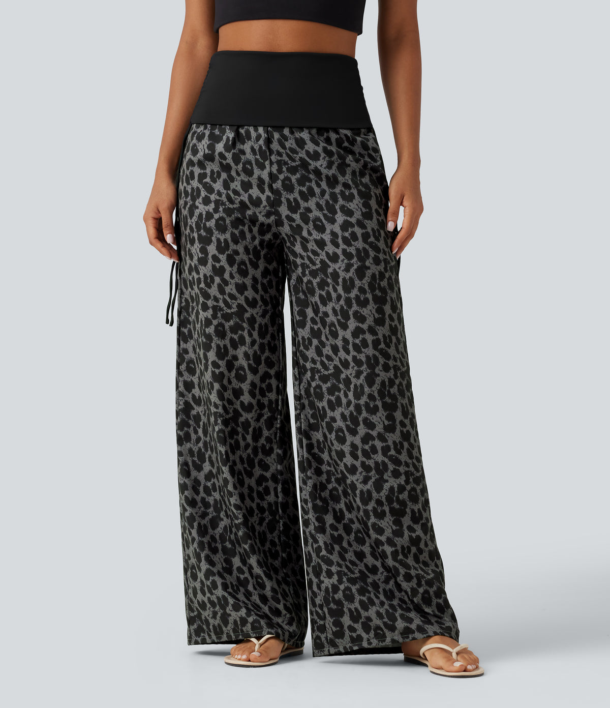 Foldover High Waisted Ruched Drawstring Baggy Leopard Print Casual Trousers with Pockets — Urban Ash Leopard — view 3