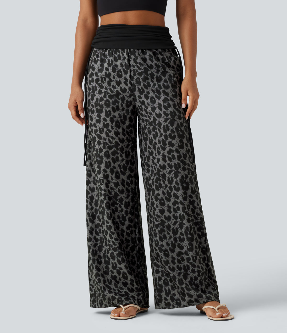 Foldover High Waisted Ruched Drawstring Baggy Leopard Print Casual Trousers with Pockets — Urban Ash Leopard — view 4