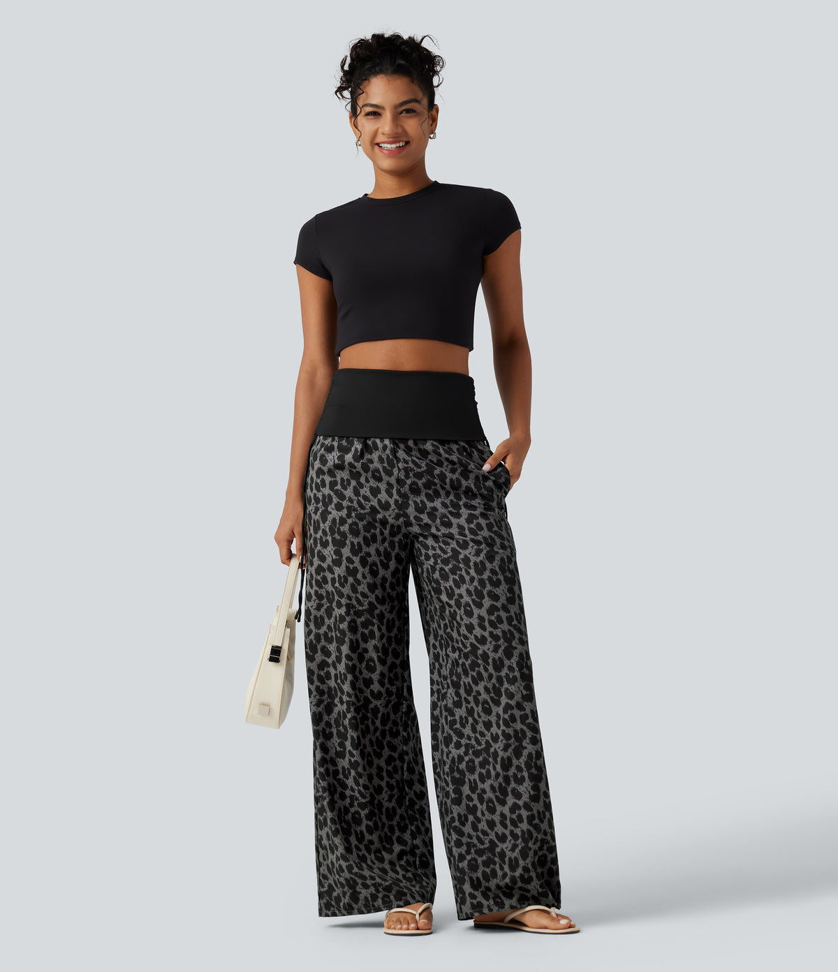 Foldover High Waisted Ruched Drawstring Baggy Leopard Print Casual Trousers with Pockets — Urban Ash Leopard — view 8
