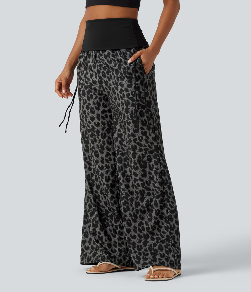 Foldover High Waisted Ruched Drawstring Baggy Leopard Print Casual Trousers with Pockets — Urban Ash Leopard — view 1
