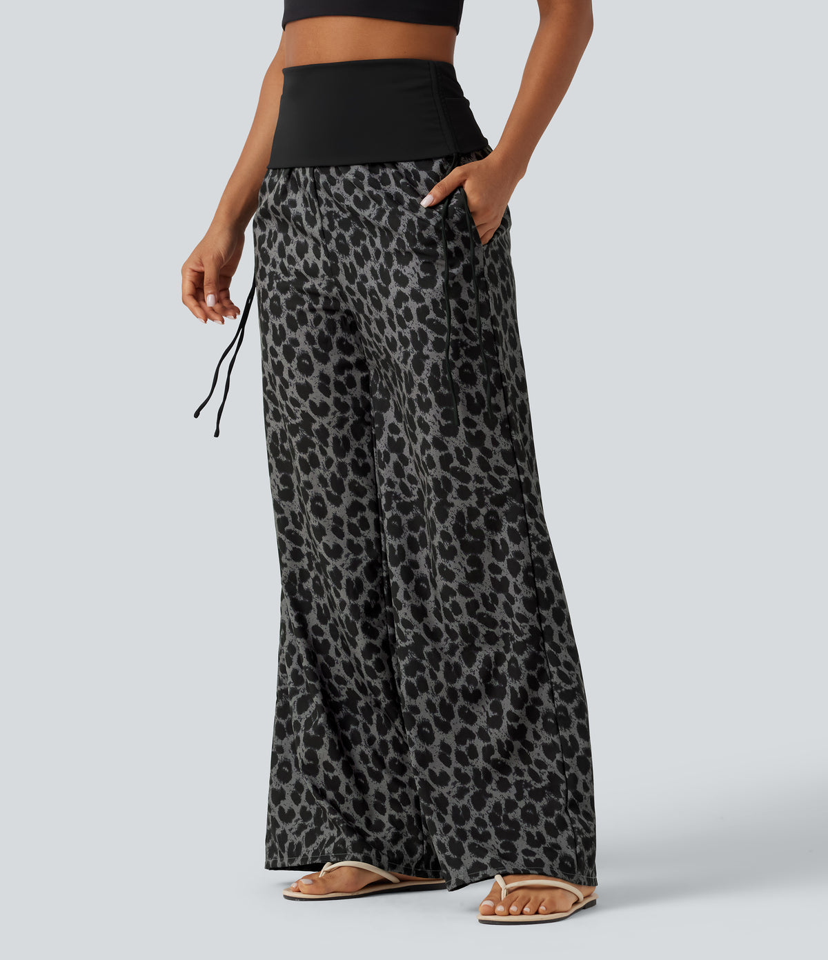Foldover High Waisted Ruched Drawstring Baggy Leopard Print Casual Trousers with Pockets — Urban Ash Leopard — view 1