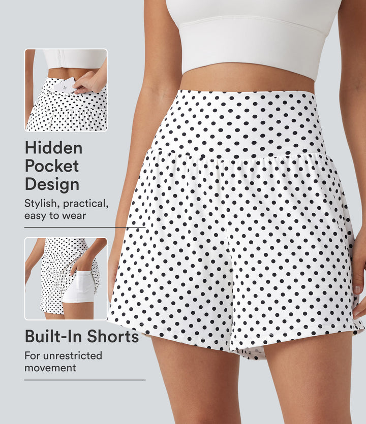 High Waisted 2-in-1 Polka Dot Yoga Shorts 5'' with Pockets — Snow Dots — view 1