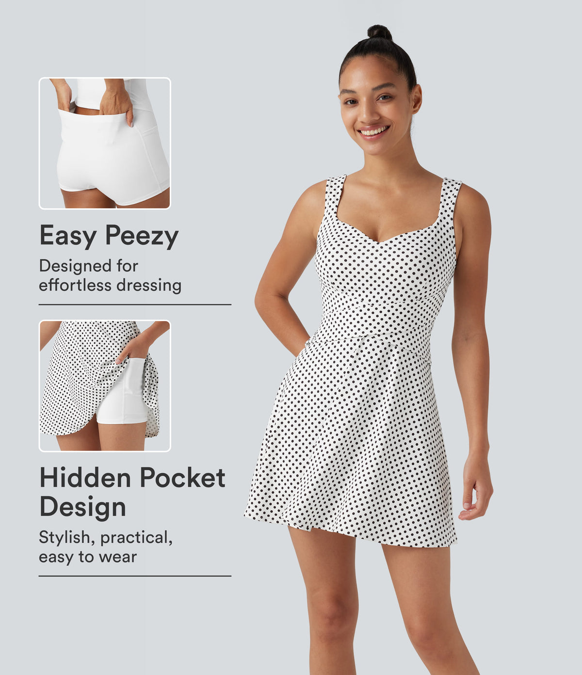 Built-in Bra 2-in-1 Polka Dot Mini Tennis Active Dress with Pockets-Edition — Snow Dots — view 1