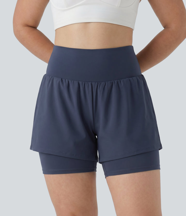 Plus Size Airy Super High Waisted 2-in-1 InstantCool Yoga Shorts 7'' with Pockets — Mood Indigo — view 1