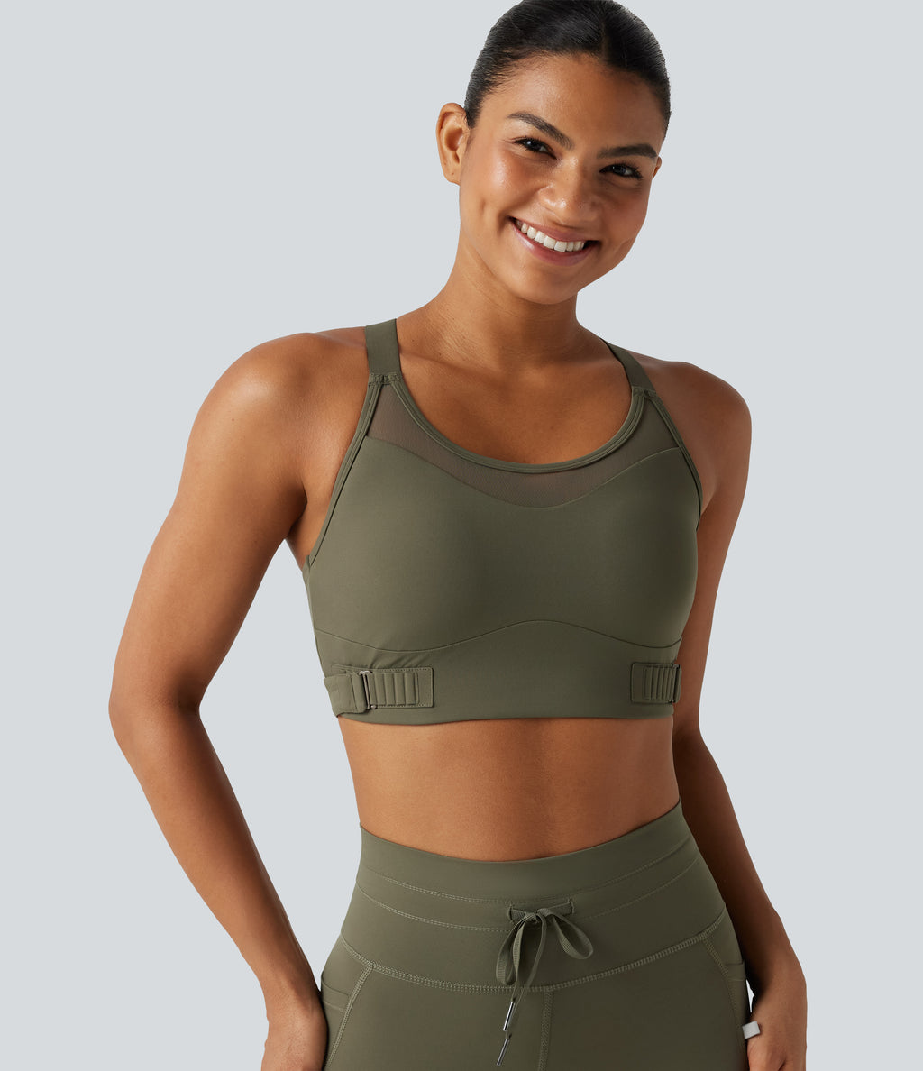 Medium Support Crisscross Back Adjustable Buckle Breathable Mesh Built-in Bra InstantCool Quick Dry Training Sports Bra-UPF50+ — Grass Grey Green — view 7