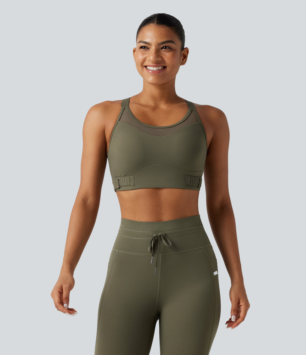 Medium Support Crisscross Back Adjustable Buckle Breathable Mesh Built-in Bra InstantCool Quick Dry Training Sports Bra-UPF50+ — Grass Grey Green — view 2