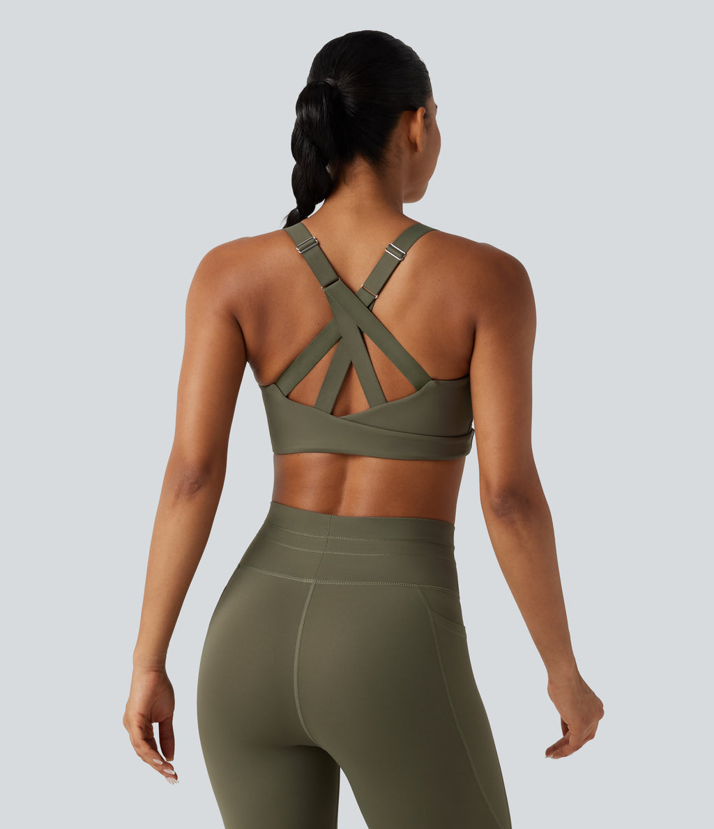 Medium Support Crisscross Back Adjustable Buckle Breathable Mesh Built-in Bra InstantCool Quick Dry Training Sports Bra-UPF50+ — Grass Grey Green — view 4