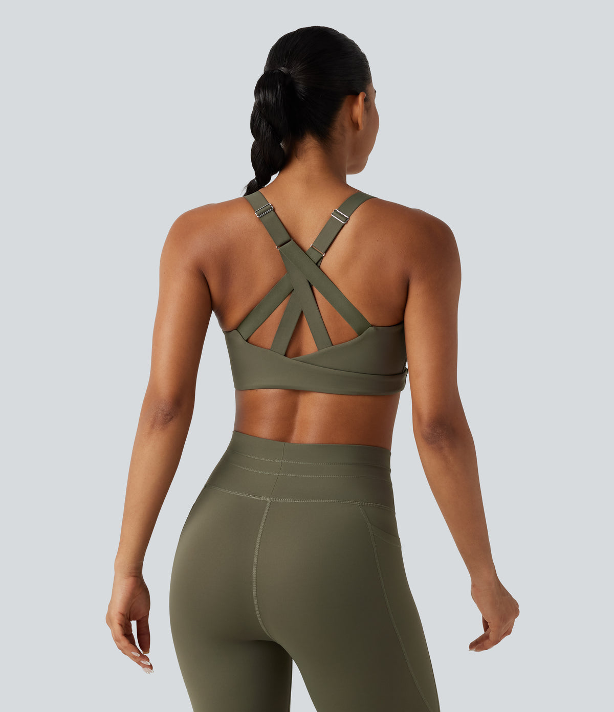 Medium Support Crisscross Back Adjustable Buckle Breathable Mesh Built-in Bra InstantCool Quick Dry Training Sports Bra-UPF50+ — Grass Grey Green — view 4