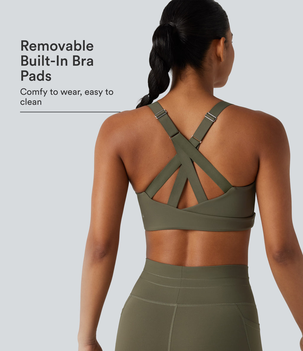 Medium Support Crisscross Back Adjustable Buckle Breathable Mesh Built-in Bra InstantCool Quick Dry Training Sports Bra-UPF50+ — Grass Grey Green — view 1