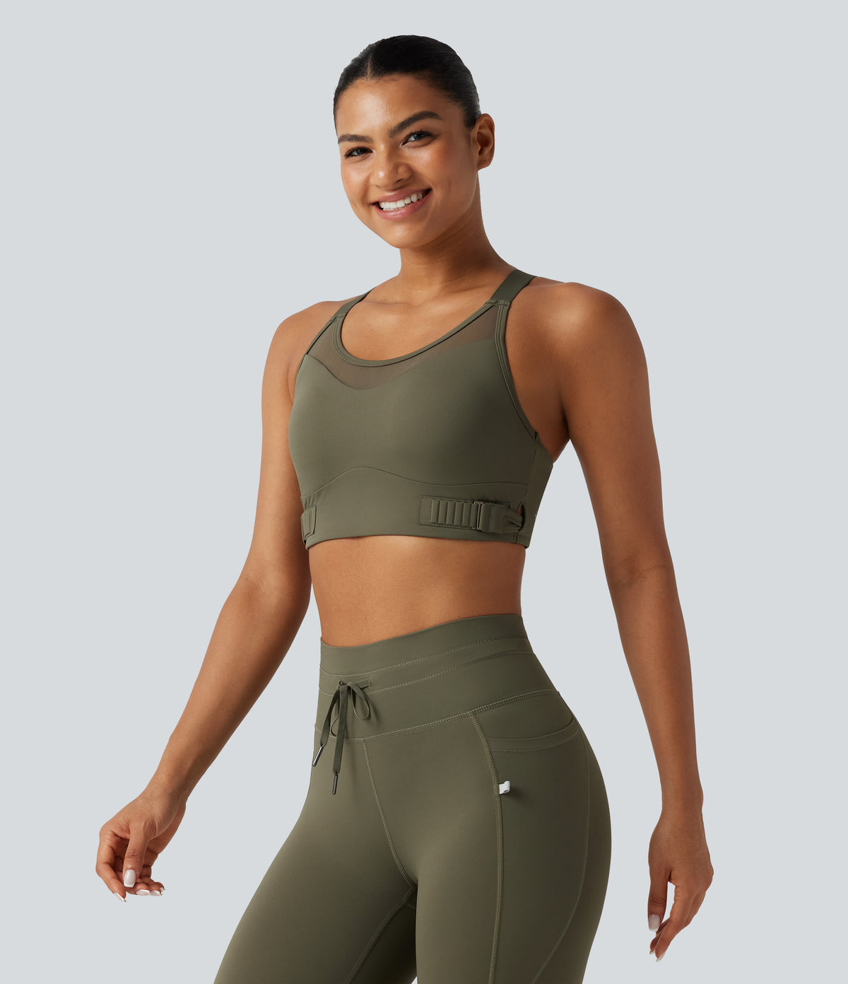 Medium Support Crisscross Back Adjustable Buckle Breathable Mesh Built-in Bra InstantCool Quick Dry Training Sports Bra-UPF50+ — Grass Grey Green — view 3
