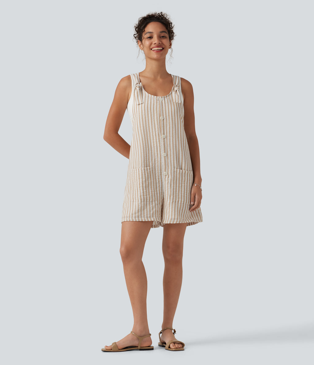 Knot Strap Stripe Casual Linen-Feel Short Dungarees with Pockets — Oatline — view 6