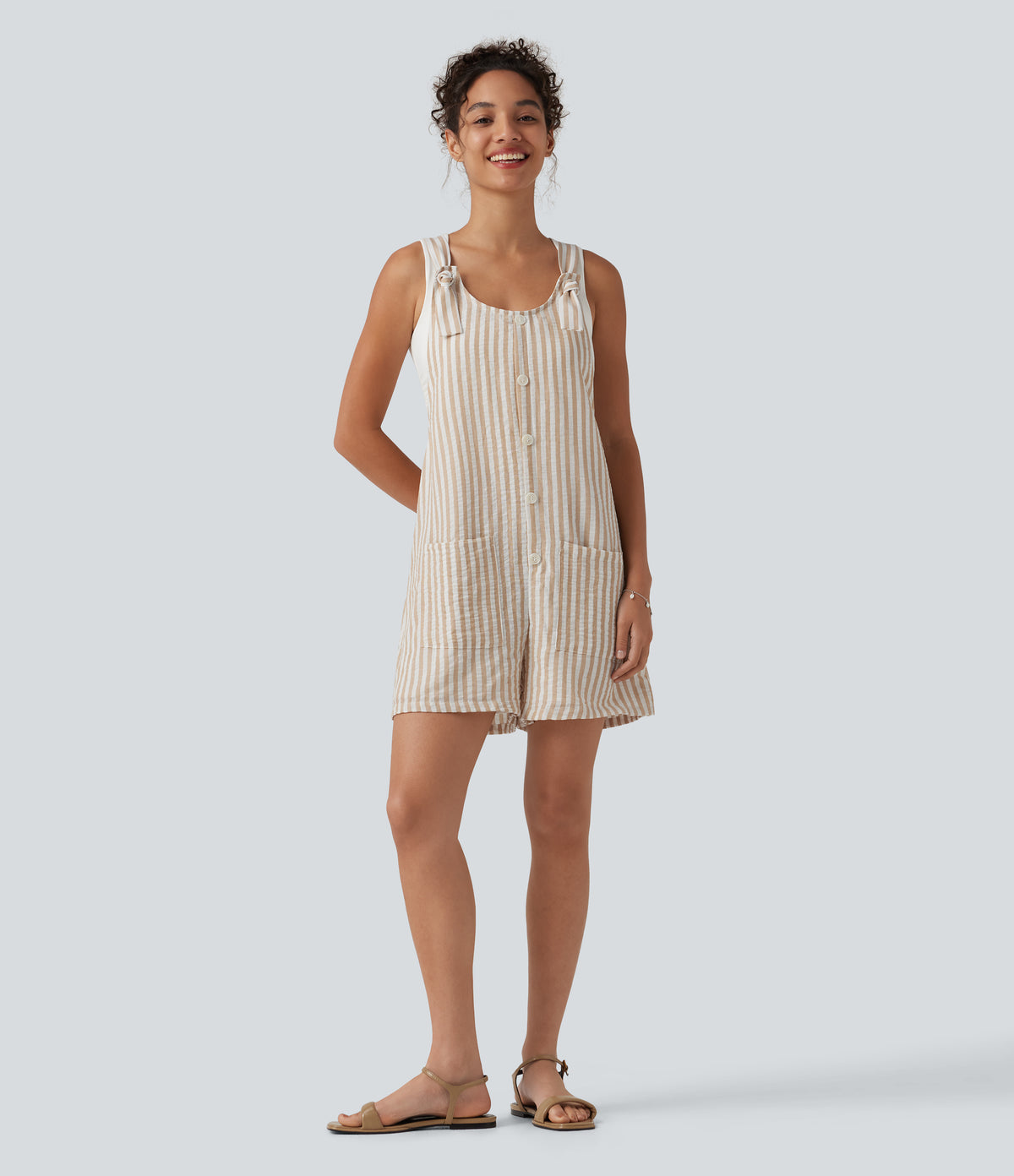 Knot Strap Stripe Casual Linen-Feel Short Dungarees with Pockets — Oatline — view 6