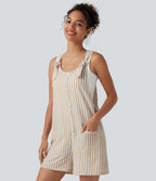 Knot Strap Stripe Casual Linen-Feel Short Dungarees with Pockets — Oatline — view 4