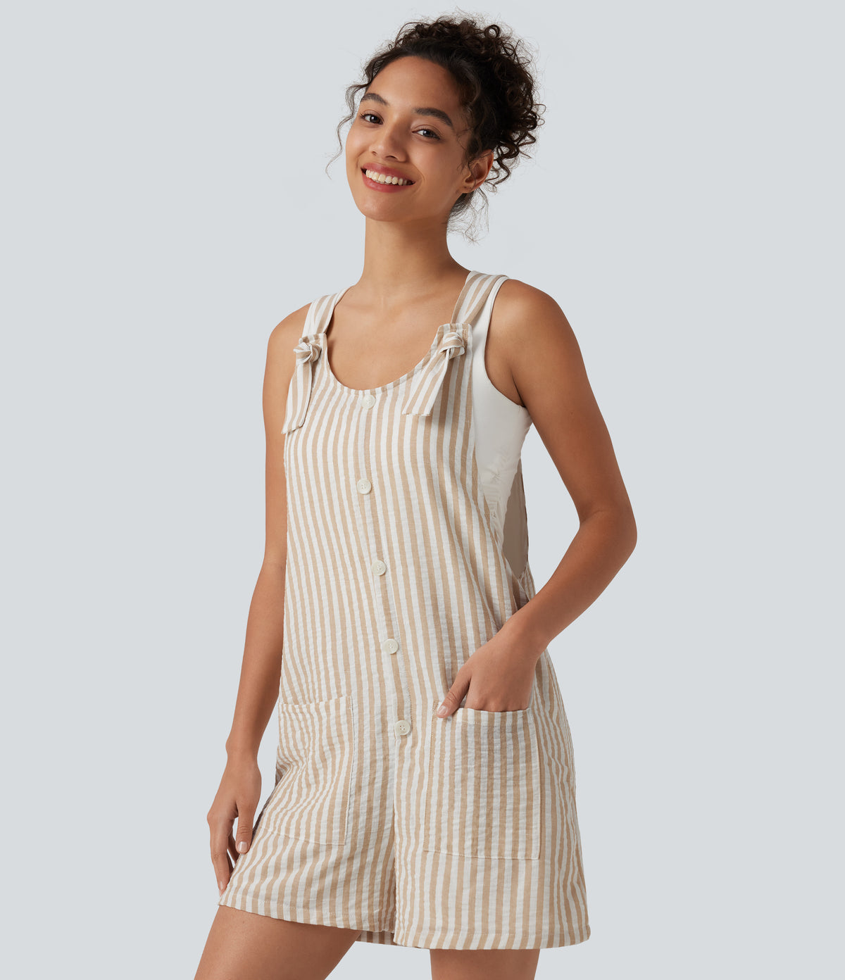 Knot Strap Stripe Casual Linen-Feel Short Dungarees with Pockets — Oatline — view 4