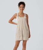 Knot Strap Stripe Casual Linen-Feel Short Dungarees with Pockets — Oatline — view 1
