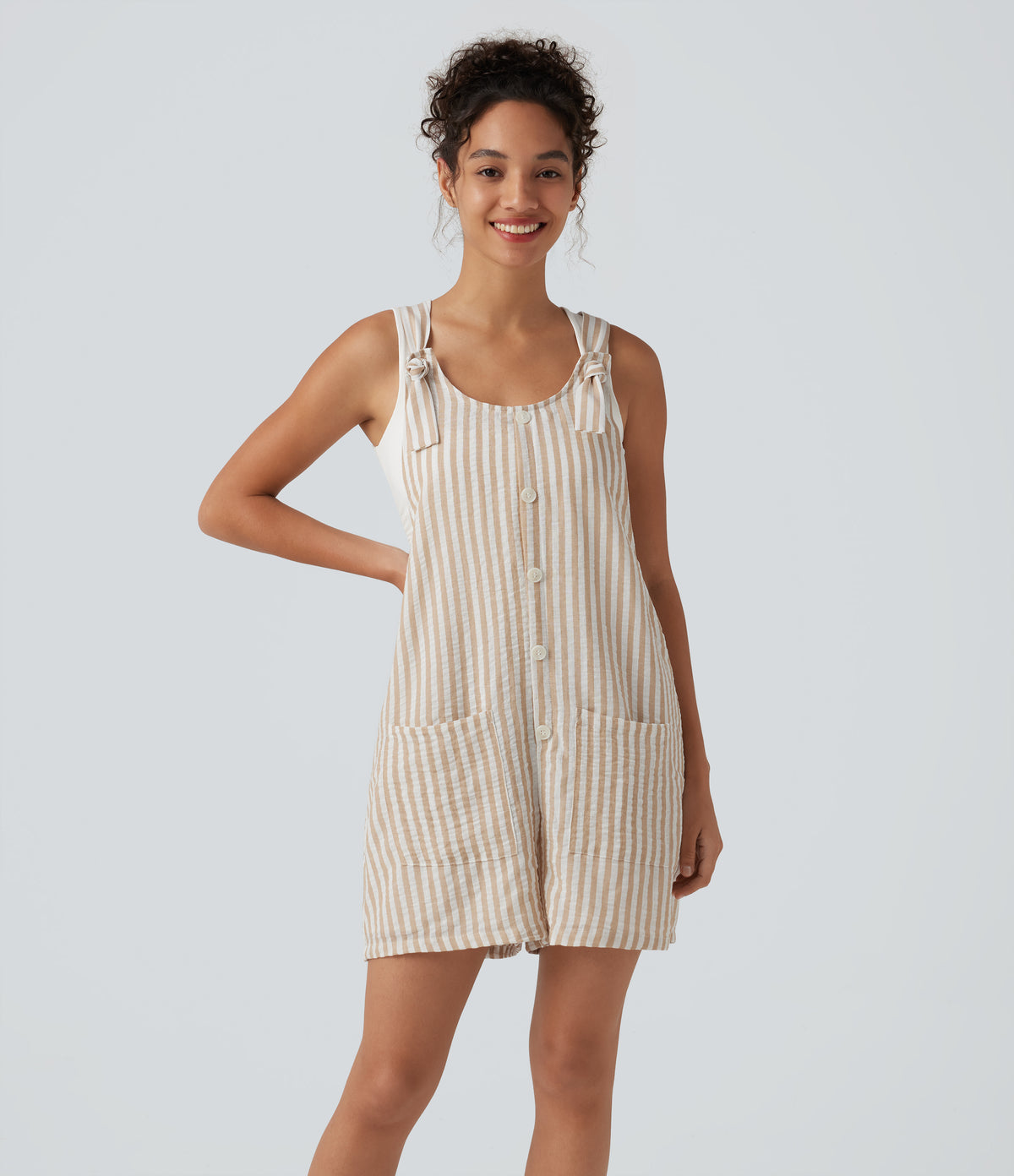 Knot Strap Stripe Casual Linen-Feel Short Dungarees with Pockets — Oatline — view 1