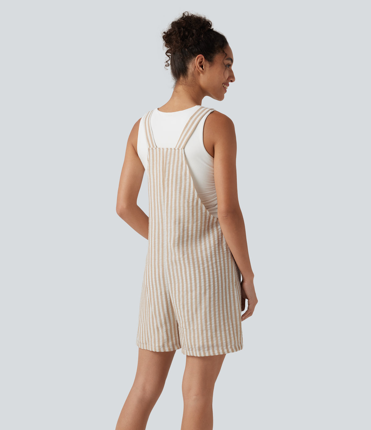 Knot Strap Stripe Casual Linen-Feel Short Dungarees with Pockets — Oatline — view 2