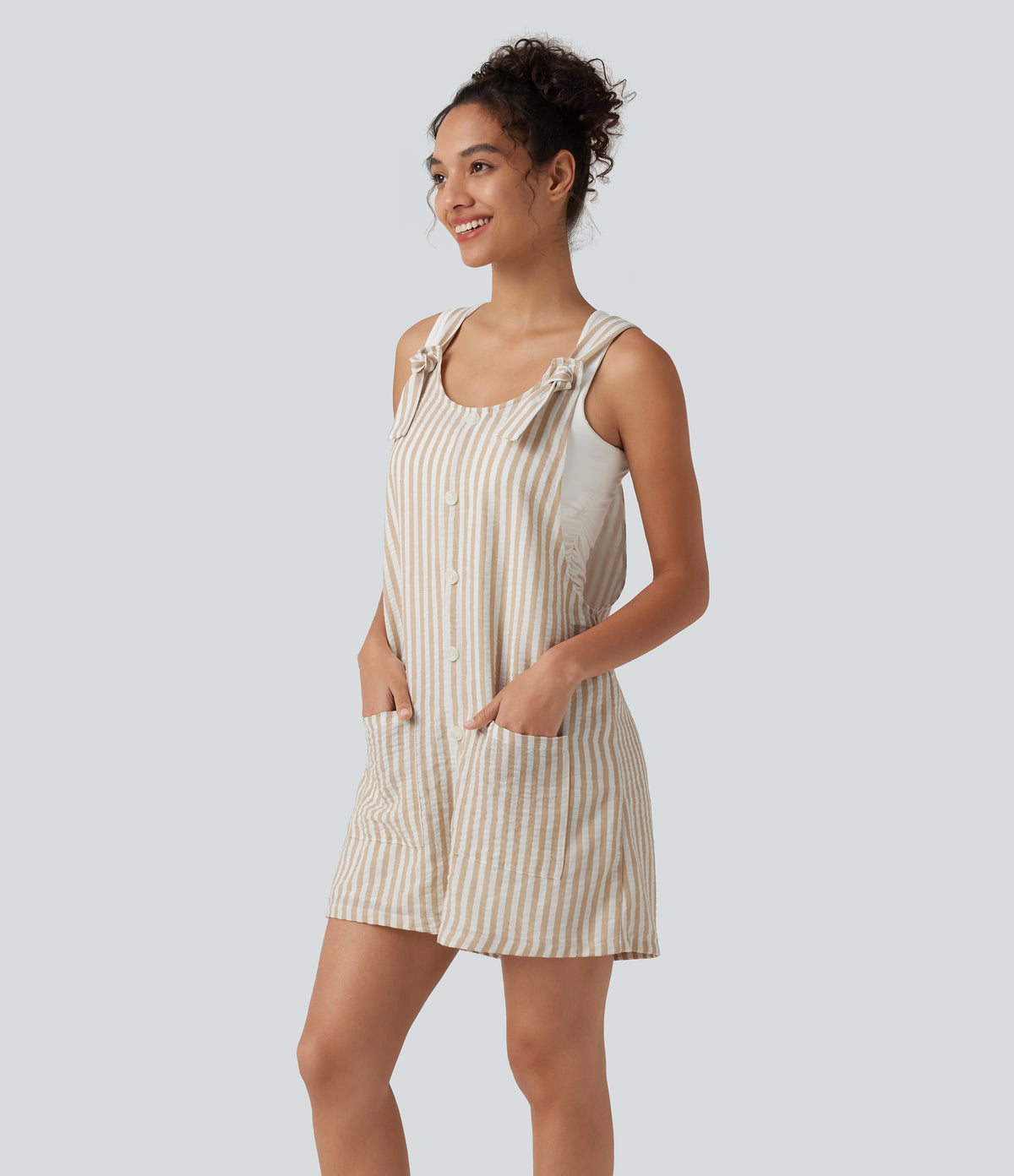 Knot Strap Stripe Casual Linen-Feel Short Dungarees with Pockets — Oatline — view 3