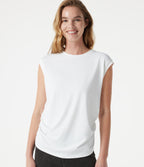 Round Neck Cap Sleeve Ruched Casual T-Shirt — White — view 1