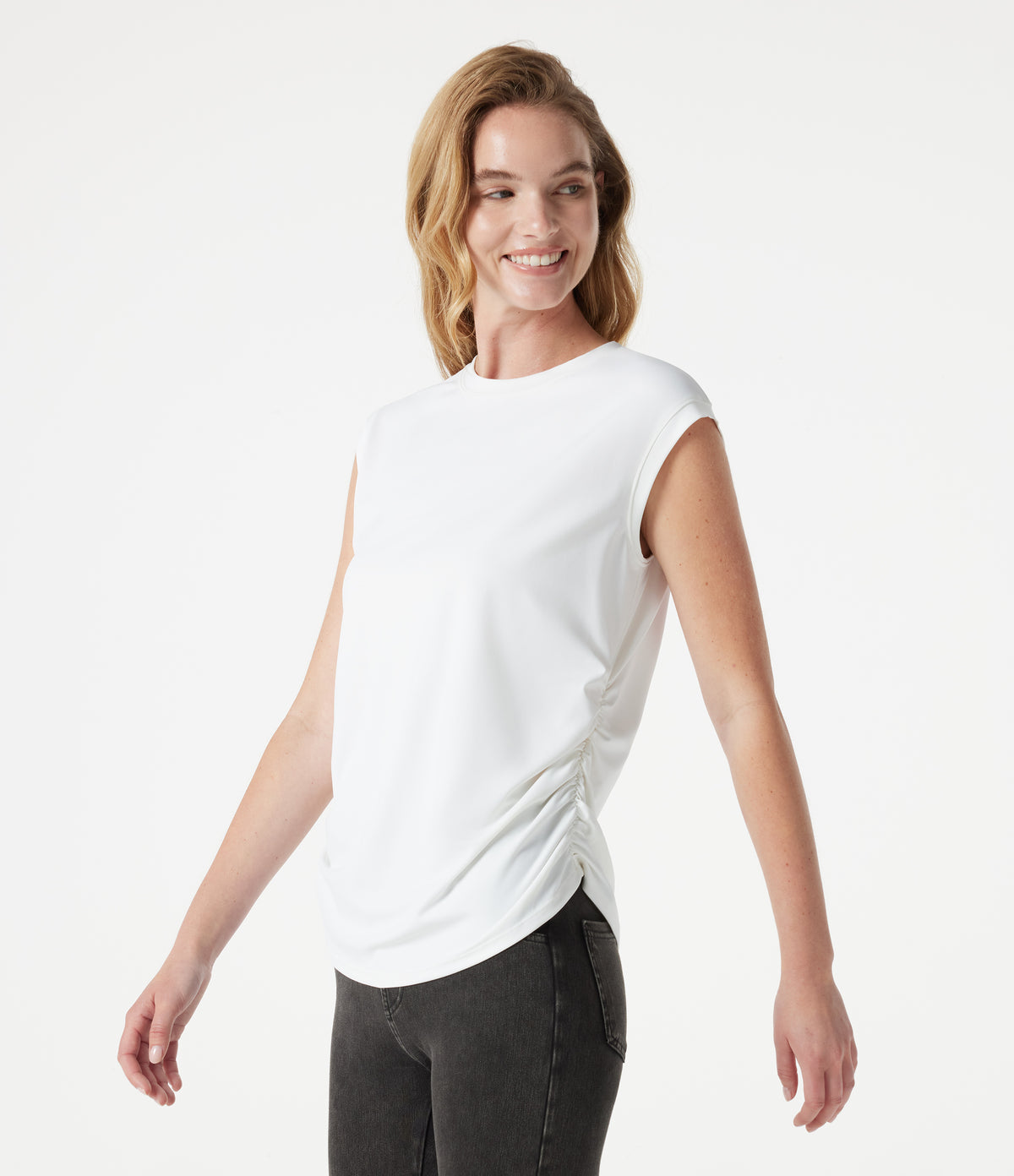 Round Neck Cap Sleeve Ruched Casual T-Shirt — White — view 3