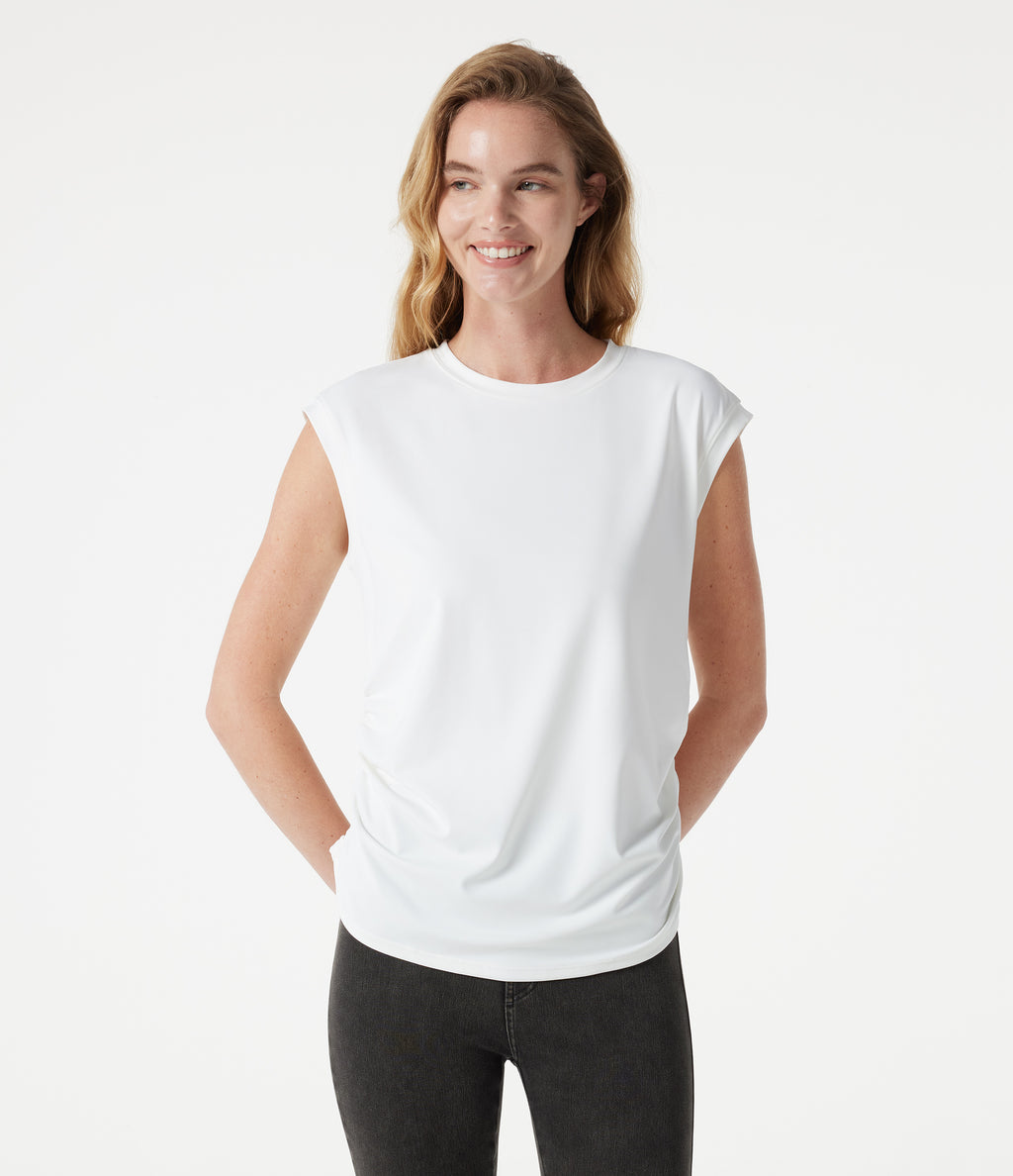 Round Neck Cap Sleeve Ruched Casual T-Shirt — White — view 4