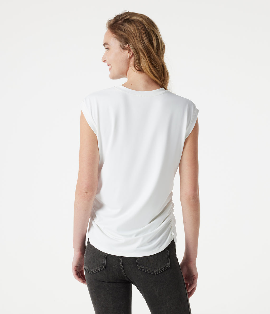 Round Neck Cap Sleeve Ruched Casual T-Shirt — White — view 2