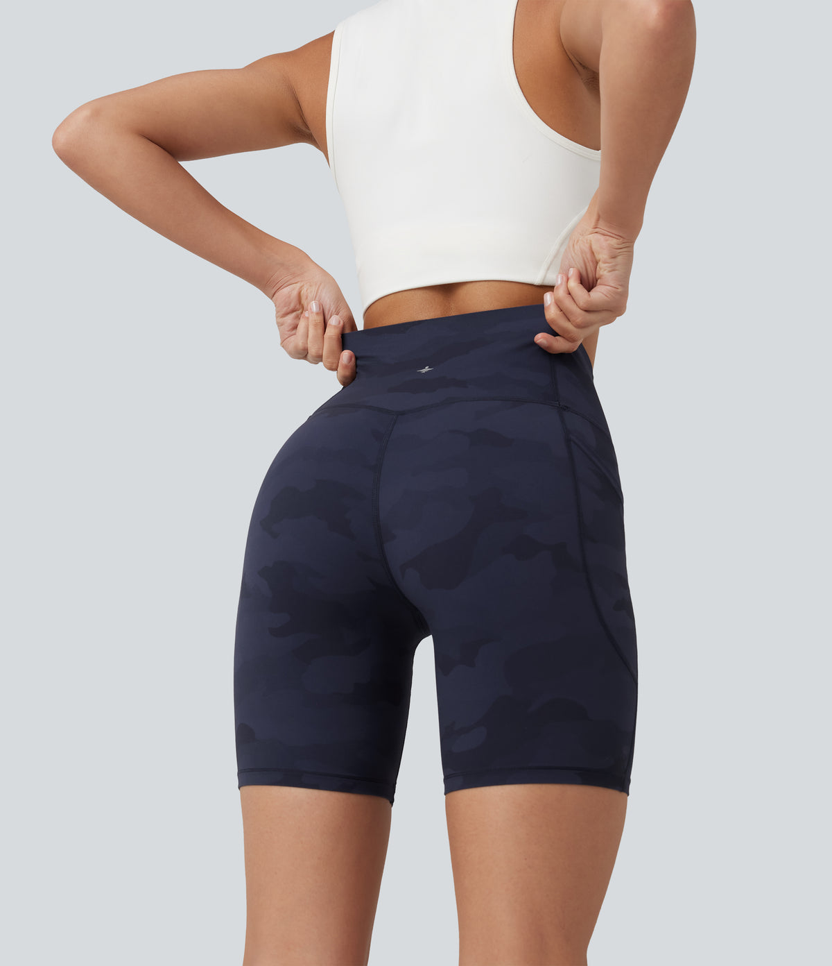Camo Print High Waisted Tummy Control Training Biker Shorts 7'' with Pockets — Navy Camo — view 8