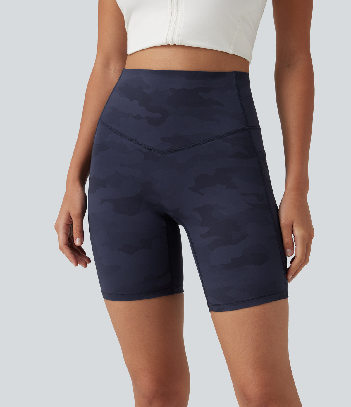 Camo Print High Waisted Tummy Control Training Biker Shorts 7'' with Pockets — Navy Camo — view 4