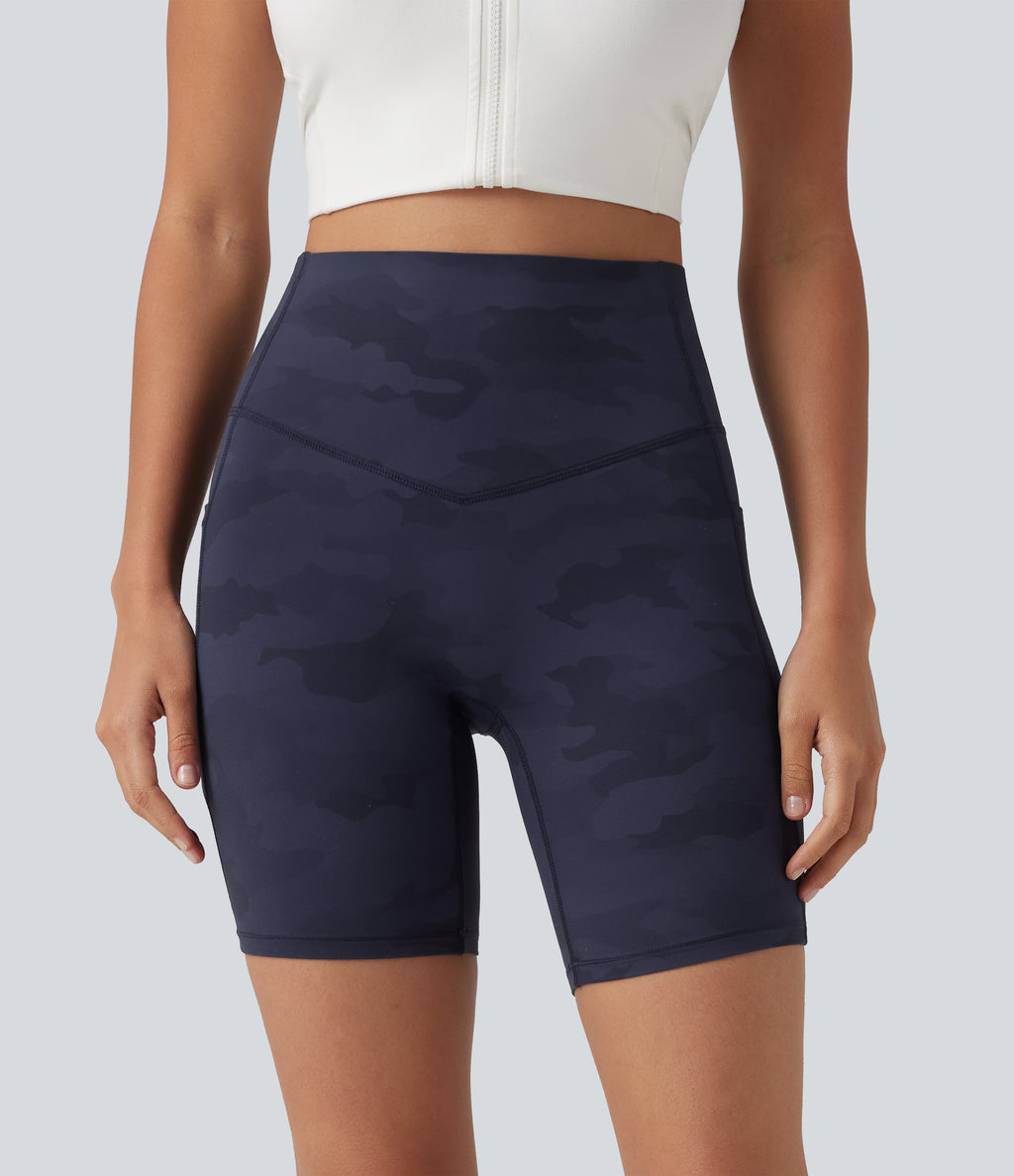 Camo Print High Waisted Tummy Control Training Biker Shorts 7'' with Pockets — Navy Camo — view 7