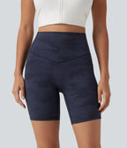 Camo Print High Waisted Tummy Control Training Biker Shorts 7'' with Pockets — Navy Camo — view 7