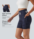 Camo Print High Waisted Tummy Control Training Biker Shorts 7'' with Pockets — Navy Camo — view 1