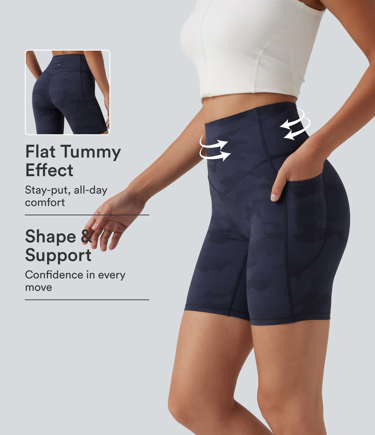 Camo Print High Waisted Tummy Control Training Biker Shorts 7'' with Pockets — Navy Camo — view 1